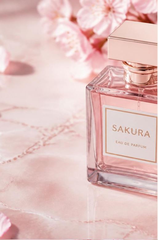 Sakura Eau de Parfum bottle on pink marble with cherry blossom