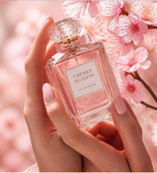 Hands holding the Cherry Blossom Eau de Parfum bottle among sakura branches