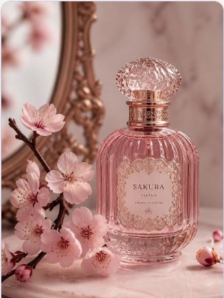 Rosé de Crist — Sakura Parfum bottle beside a gilded mirror and cherry blossom branch