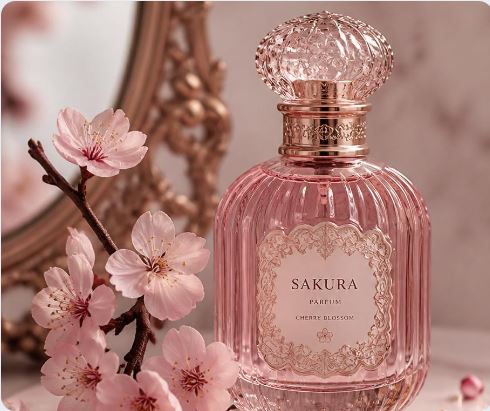 Rosé de Crist — Sakura Parfum bottle beside a gilded mirror and cherry blossom branch
